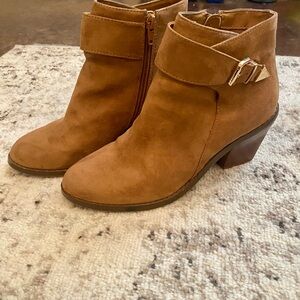 Booties - Size 8, fits like 7. Suede, camel color with gold buckle detail